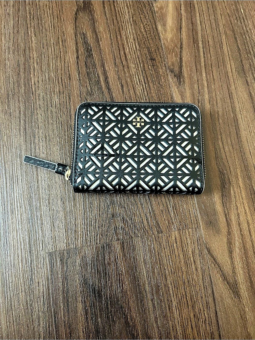 Tory Burch Robinson Perforated / Laser-Cut Leather Zip-Around Coin Case Wallet